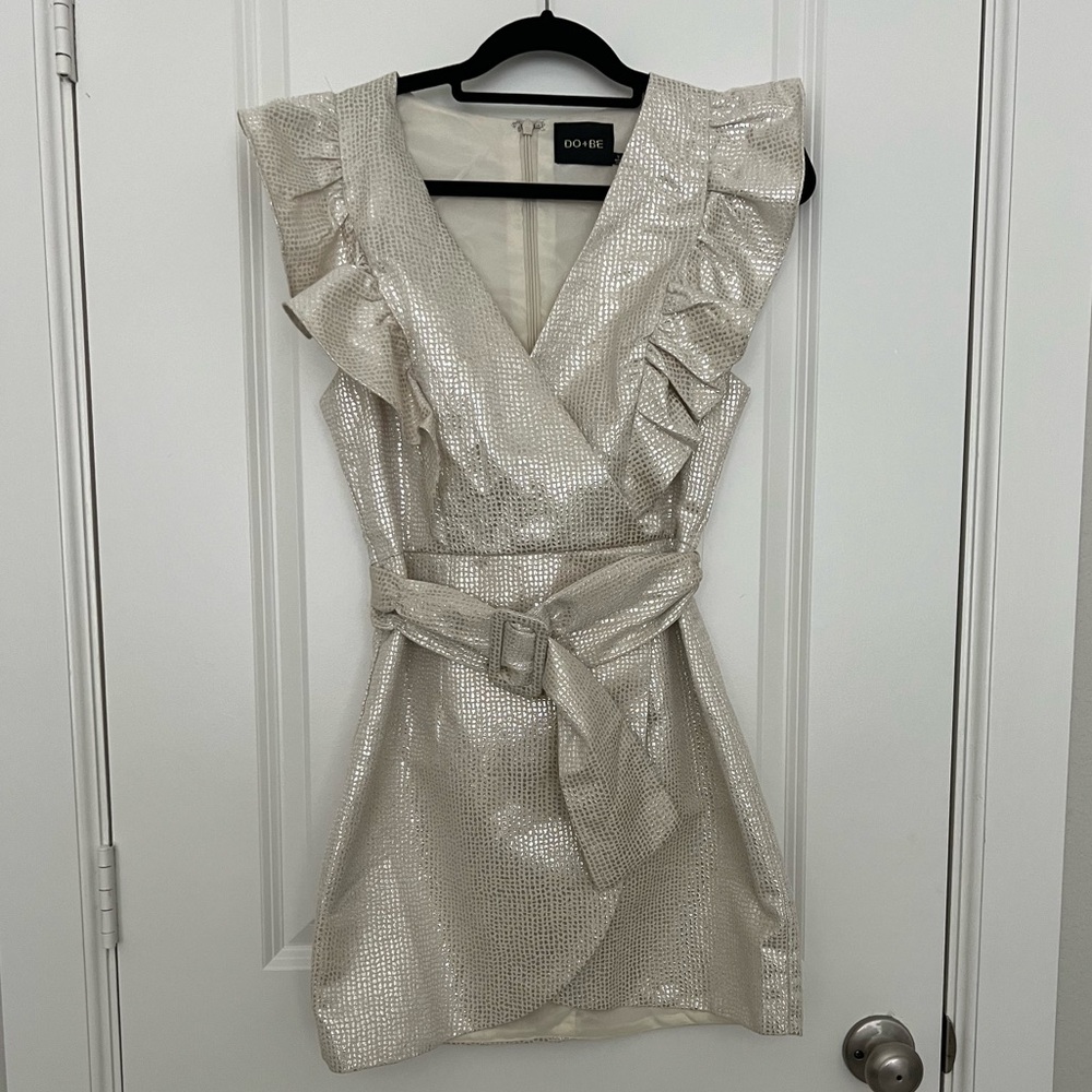 Ruffle Sleeve Cream Metallic Drape Belt Mini Dress